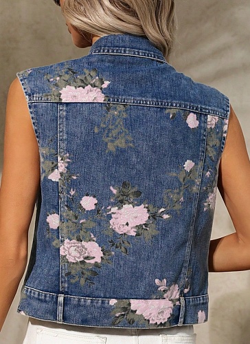 Summer Casual Floral Print Denim Vest Jacket For Women