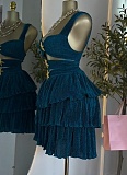 Summer Retro Hollow Lotus Leaf High Waist Suspender Dress For Women