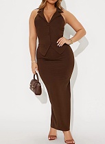 Lapel Vest High Waist Slim Fit Zipper Slit Skirt Two Piece Suit For Women