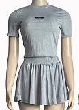 Summer New Fashion Gray Round Neck Top Pleated Skirt Two-Piece Suit For Women