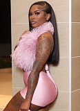 Sexy Nightclub Halter Neck Strappy Feather Top Tight Shorts Two-Piece Set