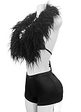 Sexy Nightclub Halter Neck Strappy Feather Top Tight Shorts Two-Piece Set