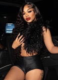 Sexy Nightclub Halter Neck Strappy Feather Top Tight Shorts Two-Piece Set