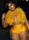 Sexy Nightclub Halter Neck Strappy Feather Top Tight Shorts Two-Piece Set