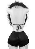 Sexy Nightclub Halter Neck Strappy Feather Top Tight Shorts Two-Piece Set