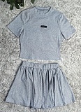 Summer New Fashion Gray Round Neck Top Pleated Skirt Two-Piece Suit For Women