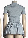Summer New Fashion Gray Round Neck Top Pleated Skirt Two-Piece Suit For Women