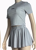 Summer New Fashion Gray Round Neck Top Pleated Skirt Two-Piece Suit For Women
