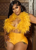Sexy Nightclub Halter Neck Strappy Feather Top Tight Shorts Two-Piece Set