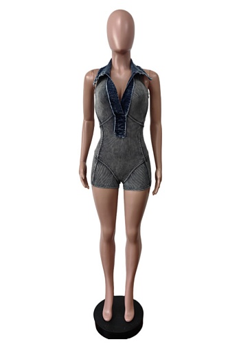 Casual Ripped Denim Stitching Washed Stretch Jumpsuit