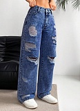 Ripped Washed High Waist Straight-Leg Denim Trousers