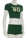 Round Neck Short-Sleeved Top Contrast Color Shorts Sports Casual Two-Piece Suit