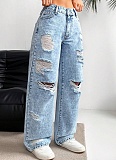 Ripped Washed High Waist Straight-Leg Denim Trousers