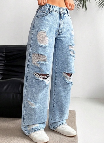 Ripped Washed High Waist Straight-Leg Denim Trousers