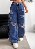 Ripped Washed High Waist Straight-Leg Denim Trousers