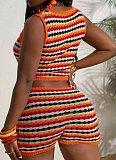 Sexy Women'S Knitted Color-Blocked Vest Shorts Two-Piece Set