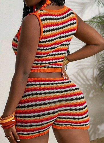 Sexy Women'S Knitted Color-Blocked Vest Shorts Two-Piece Set