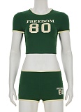 Round Neck Short-Sleeved Top Contrast Color Shorts Sports Casual Two-Piece Suit