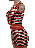 Sexy Women'S Knitted Color-Blocked Vest Shorts Two-Piece Set