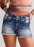 Summer Retro Embroidery Slim Raw Edge Denim Shorts For Women
