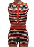 Sexy Women'S Knitted Color-Blocked Vest Shorts Two-Piece Set