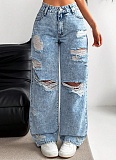 Ripped Washed High Waist Straight-Leg Denim Trousers