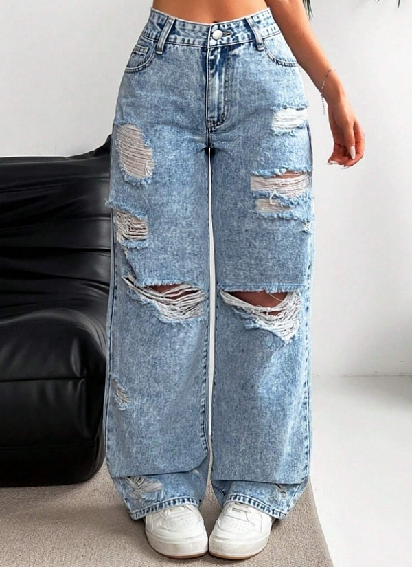 Ripped Washed High Waist Straight-Leg Denim Trousers