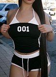 Digital Print Halter Vest Striped Contrast Shorts Sports Two-Piece Set