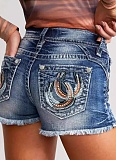 Summer Retro Embroidery Slim Raw Edge Denim Shorts For Women