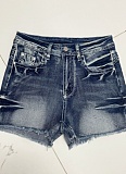 Summer Retro Embroidery Slim Raw Edge Denim Shorts For Women
