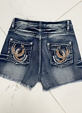Summer Retro Embroidery Slim Raw Edge Denim Shorts For Women