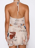 Sexy Mesh Printed Halter Neck Vest Navel-Baring Mini Skirt Two-Piece Set