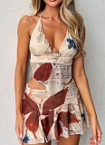 Sexy Mesh Printed Halter Neck Vest Navel-Baring Mini Skirt Two-Piece Set