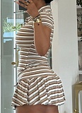 Women'S Striped Lapel Short-Sleeved T-Shirt Shorts Two-Piece Suit