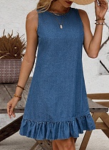 New Blue Round Neck Denim Dress For Women