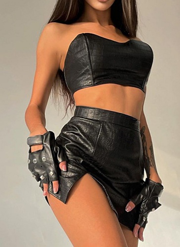 New Style Tube Top With Exposed Belly Button And Hip Slit Skirt Two Piece Set