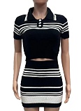 Striped Fashion Lapel Knit Top Short Skirt Two-Piece Suit For Women