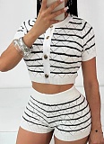 Fashion Casual Color Matching Cardigan Sweater Shorts Two Piece Suit For Women