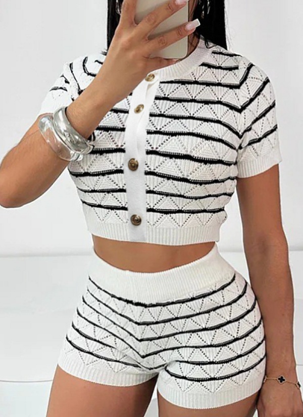 Fashion Casual Color Matching Cardigan Sweater Shorts Two Piece Suit For Women