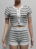 Fashion Casual Color Matching Cardigan Sweater Shorts Two Piece Suit For Women