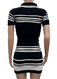 Striped Fashion Lapel Knit Top Short Skirt Two-Piece Suit For Women