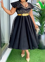 Large Size V-Neck Sexy Bubble Beads High Waist Bag Hip Dress (With Belt)