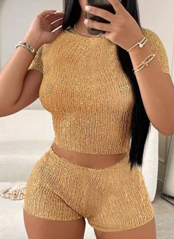 Sexy Round Neck Sequined Sweater Shorts Two Piece Suit For Women