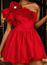 Red Party Off-Shoulder Three-Dimensional Flower Lotus Sleeve Sexy Dress