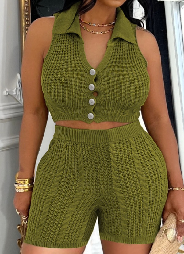 Fashion Casual Color Matching Cardigan Sweater Shorts Two Piece Suit For Women