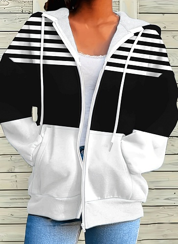 Summer New Fashion Casual Striped Contrast Color Zipper Hooded Sweatshirt