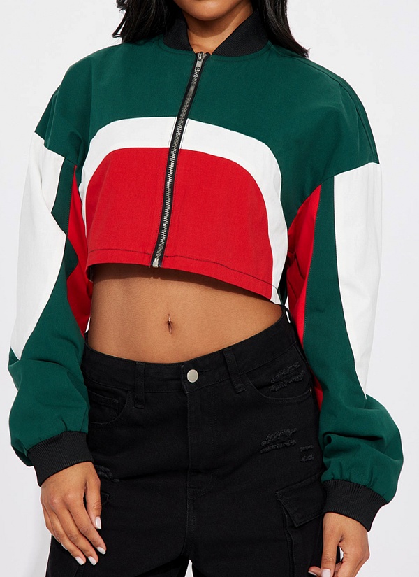 Autumn And Winter Plus Size Women'S Color Matching Short Zipper Jacket