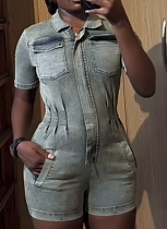 Sexy Slim Fit Lapel Zipper Short Sleeve Denim Jumpsuit Shorts For Women