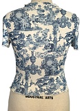 New Elegant Mesh Yarn Printed Ruffled Short-Sleeved T-Shirt For Women