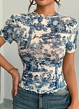New Elegant Mesh Yarn Printed Ruffled Short-Sleeved T-Shirt For Women